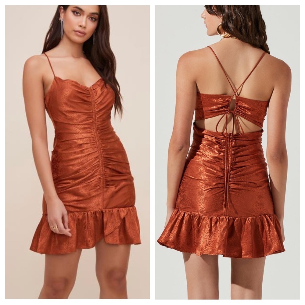 ASTR Cinched Open Back Satin Copper Rust Floral Rose Animal Ruffle Dress